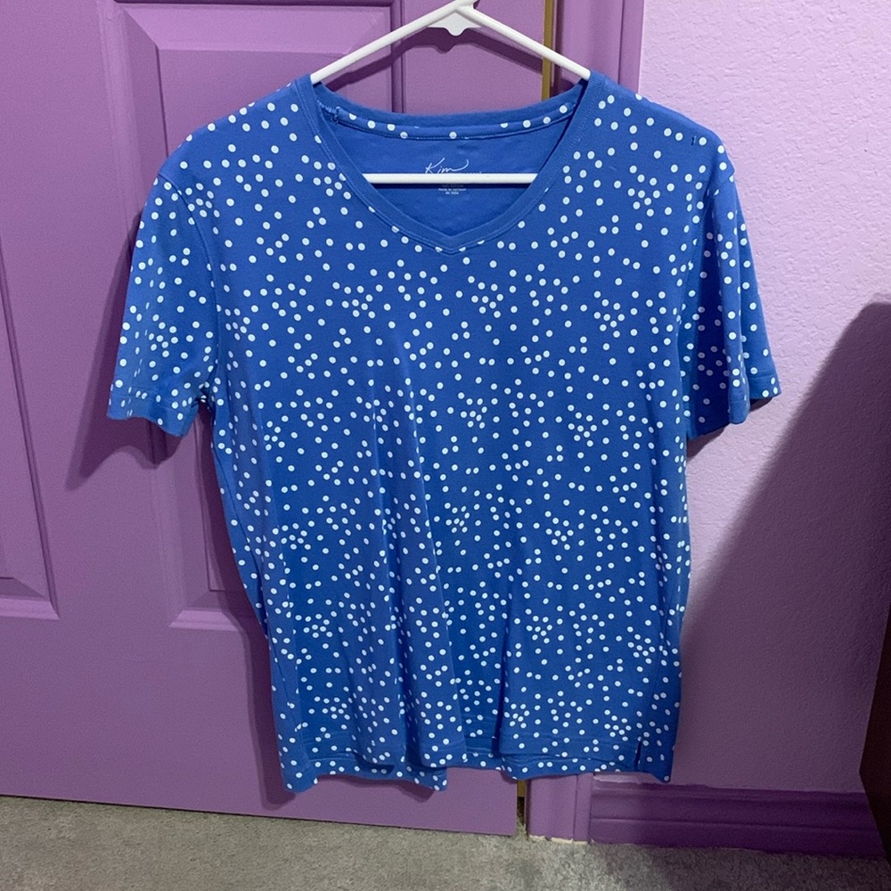 Blue and white polka dot top